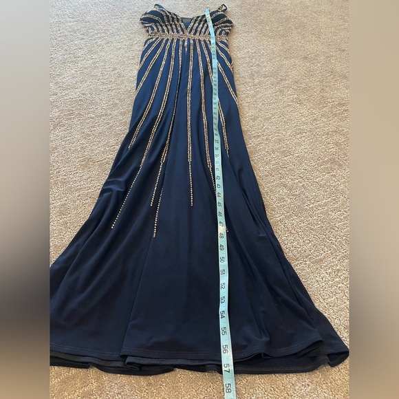 Xscape Beaded Evening Gown, Dark Navy Blue, Deep V, Sheath, Thin Straps, Size 2 - Picture 11 of 16